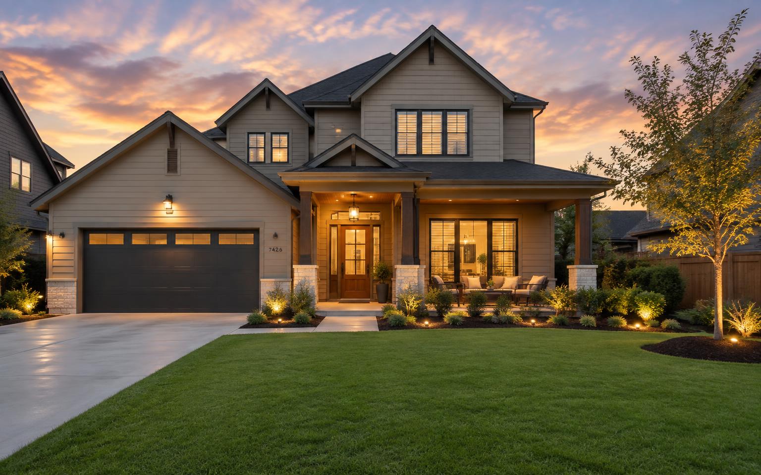 Home exterior remodel with new siding, a new front door, and landscape lighting at dusk
